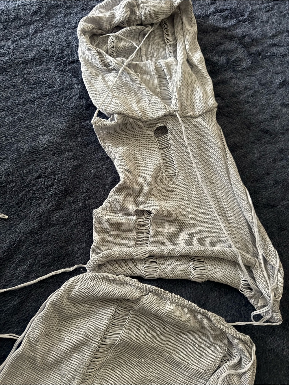 Distressed Light Gray Knit Sleeveless Hoodie With Matching Skirt Set
